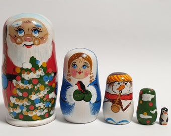 Christmas Santa Nesting Dolls for Kids, Matryoshka Babushka Doll Stacking Dolls, Snow Maiden Snowman Doll 4 inch (10 cm)