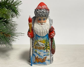 Hand carved Santa Claus figurine, wooden Santa figure, wood carving Ukrainian Christmas decor 6.4 inch (16 cm)