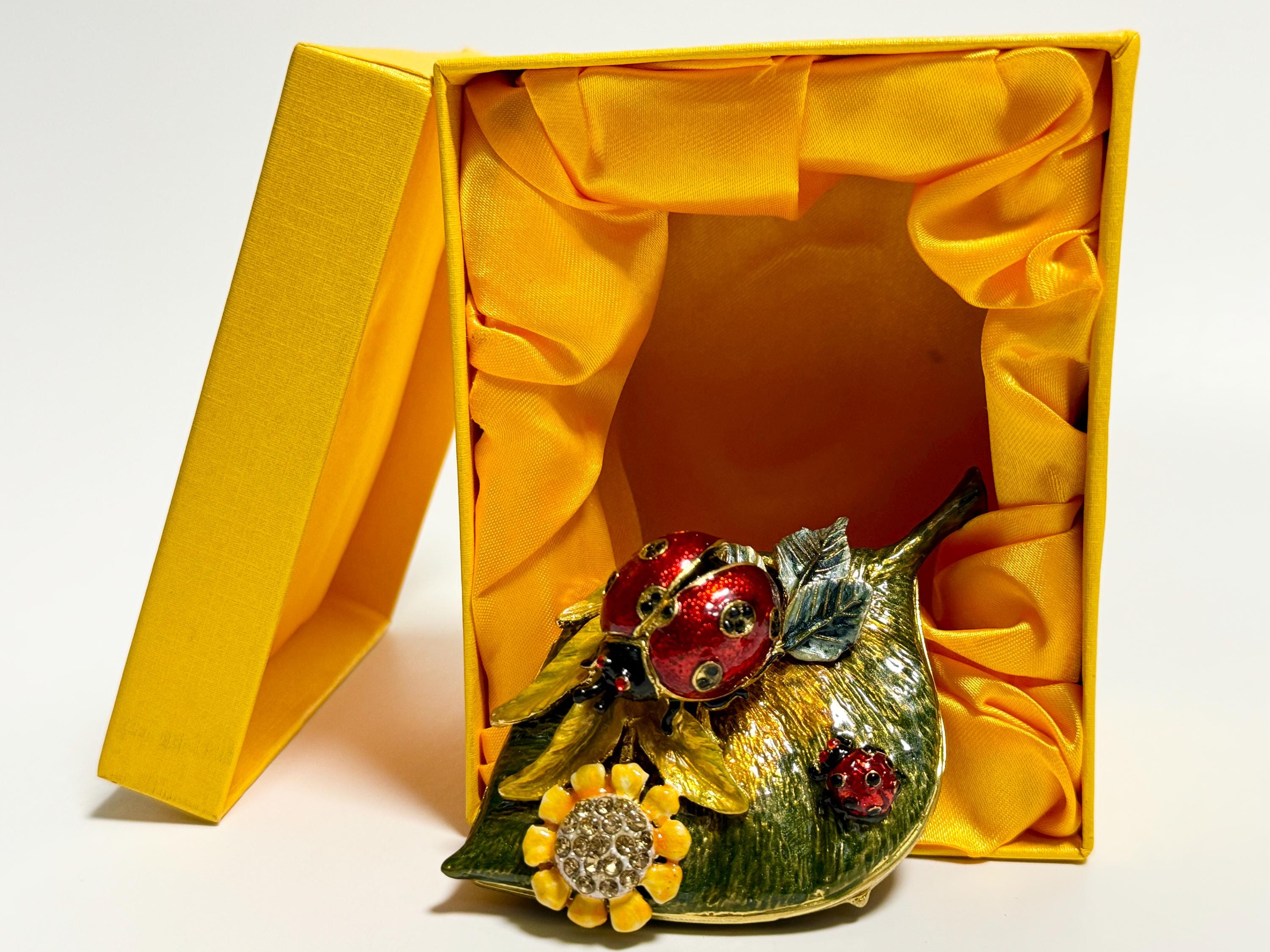 Leaf Jewelry Box, Ladybug Trinket Box, Enameled Metal Box With