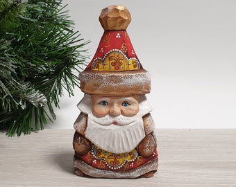 Hand Carved Wooden Santa Claus Figurine St Nicholas Wood Carving 5.2 inch (13 cm)