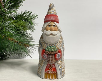 Hand carved Santa Claus figurine, wooden Santa figure, wood carving Ukrainian Christmas decor 7 inch (18 cm)