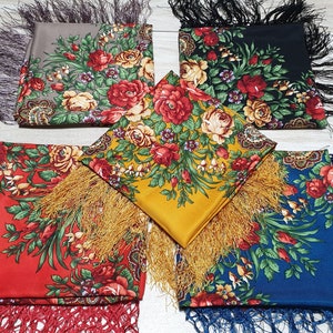 Bufanda babushka con flecos, chal de piano ucraniano, bufanda cuadrada eslava, tela floral popular