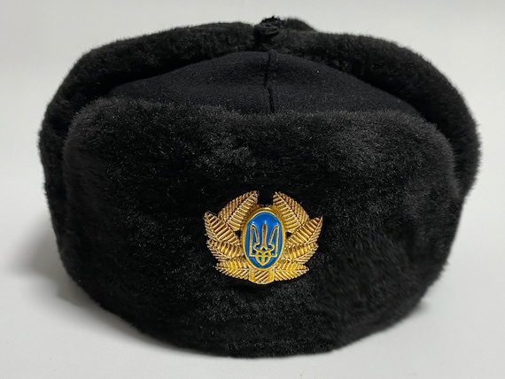 Ukrainian Ushanka Ear Flap Hat, Winter Trapper Hat, Faux Fur Hat, Ukraine  Trident Cockade Pin 