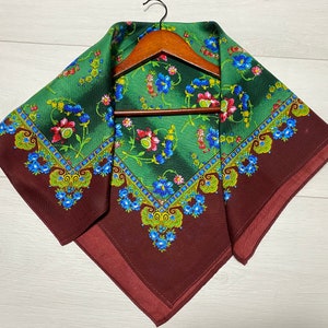 Babushka floral scarf, Ukrainian boho wool shawl, Slavic square headscarf kerchief