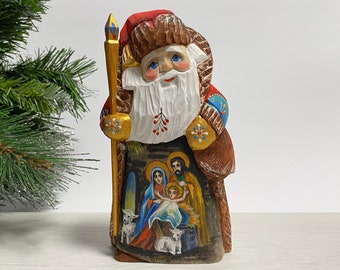 Hand carved Santa Claus figurine, wooden Santa figure, wood carving Ukrainian Christmas decor 7.4 inch (18.5 cm)
