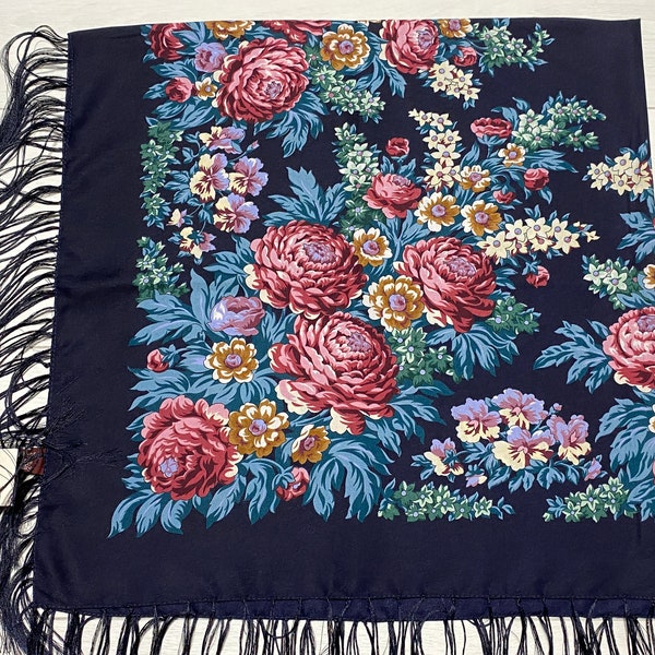 Babushka scarf with fringe, Ukrainian piano boho shawl, slavic square headscarf, folk floral fabric