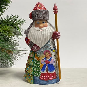 Hand carved Santa Claus figurine, wooden Santa figure, wood carving Ukrainian Christmas decor 7.6 inch (19 cm)