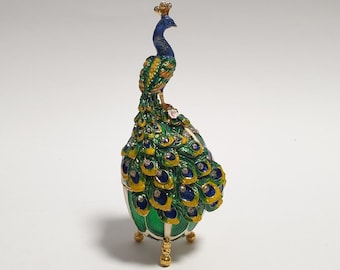 Faberge egg, peacock jewelry box, bird trinket box, peacock figure, enameled metal box with Swarovski crystals 4.4 inch (11 cm)