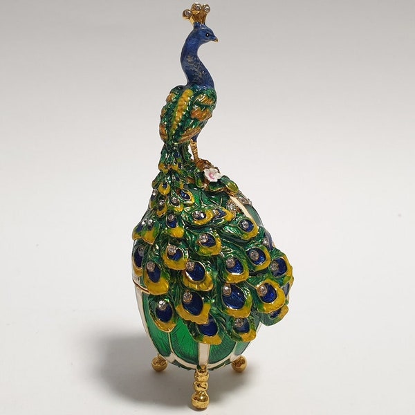 Russian faberge egg, peacock jewelry box, bird trinket box, peacock figure, enameled metal box with Swarovski crystals 4.4 inch (11 cm)