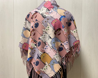 Ukrainian scarf with fringe, babushka piano boho shawl, Slavic square head scarf, cat fabric