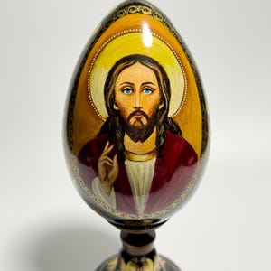 Ukrainian wooden Easter egg with stand, hand painted Orthodox Icon, religious decor 10 inch (25 cm)