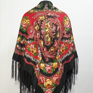 Bufanda Babushka con flecos, chal de piano ucraniano, bufanda cuadrada eslava, tejido floral popular