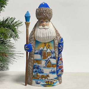 Hand carved Santa Claus figurine, wooden Santa figure, wood carving Ukrainian Christmas decor 7.4 inch (18.5 cm)