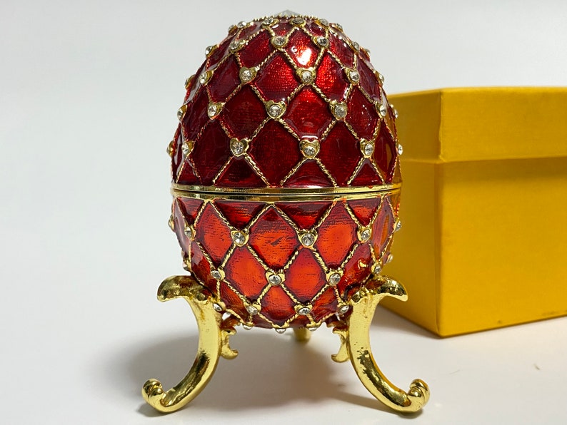 Faberge Egg Jewelry Box, Enameled Metal Trinket Box, Keepsake Box with Swarovski Crystals 4 inch 10 cm image 1