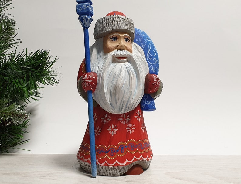 Wooden hand carved 12" acrylic painted Santa Claus figurine 