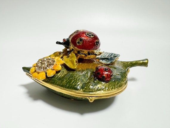 Leaf Jewelry Box, Ladybug Trinket Box, Enameled Metal Box With