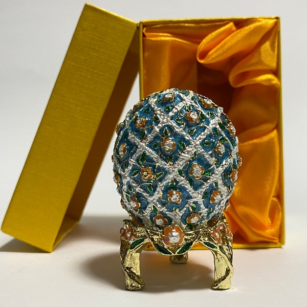 Faberge Egg Jewelry Box, Enameled Metal Trinket Box, Keepsake Box with Swarovski Crystals 2.6 inch (6.5 cm)