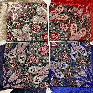 Ukrainian scarf with fringe, babushka piano boho shawl, Slavic square head scarf, floral fabric