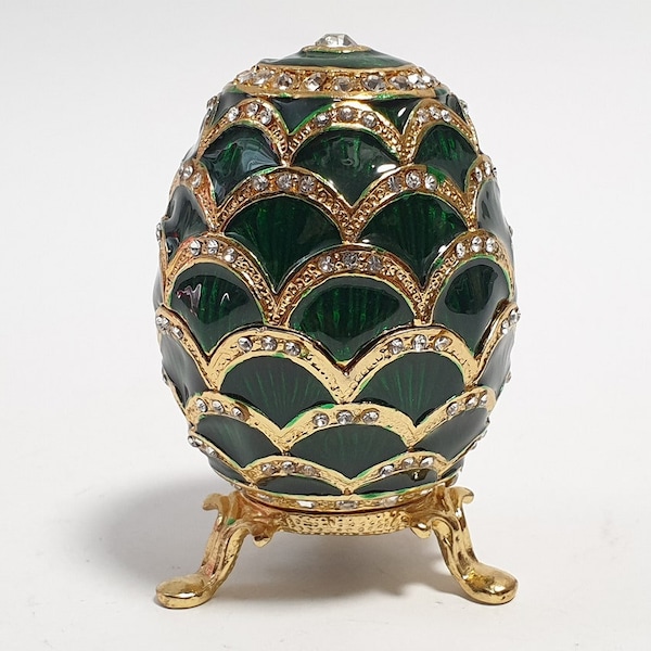 Faberge Egg Jewelry Box, Enameled Metal Trinket Box, Keepsake Box with Swarovski Crystals 3.6 inch (9 cm)