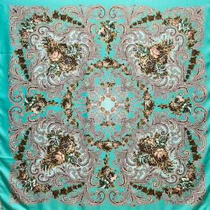 Ukrainian scarf with fringe, babushka piano boho shawl, Slavic square head scarf, floral fabric