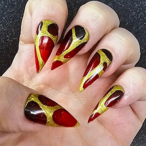 Goth Press On Nails, Red and Black Ombre Nail Set, Gold Custom Manicure, Gothic Pressons, Dark Feminine Accessories, Gorgeous Nails