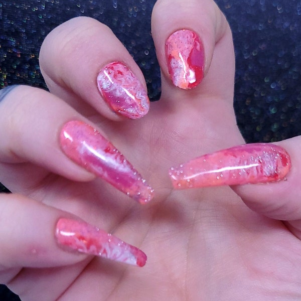 Lesbian Pride Press Ons, Pink Marble Nail Set, Custom Coffin Nail Art Design, Pink Red and Glitter