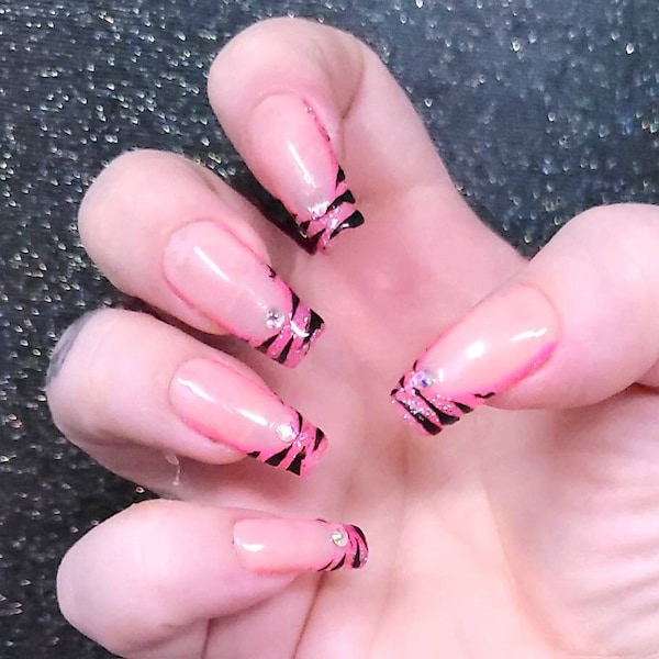 Hot Pink Zebra Print Press Ons, French Tip Press On Nails with Gems, Custom Long Press On Nails, Cute Press On Manicure Set, Bimbo Core