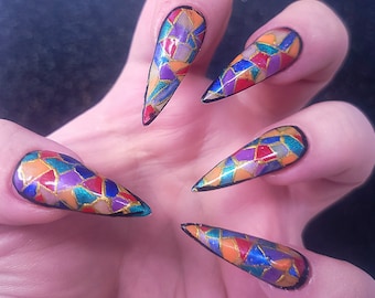 Stained Glass Glitter Press On Nails, Long Stiletto, Halloween Nails
