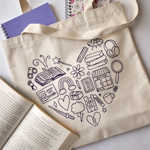 Reading Heart Tote Bag | Bookish Canvas Tote Bag | Cute Gift for Book Lovers, Librarians, English Teachers | Screen-Printed Tote