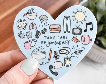 Take Care of Yourself Heart Sticker | Mental Health Sticker for Her | Self Care Sticker for Laptop | Waterproof Sticker for Water Bottle