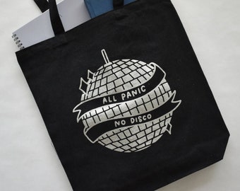 All Panic No Disco Tote Bag | Funny Tote Bag for Her | Cute Disco Ball Accessories | Overthinker Tote Bag | Reusable Tote Bag for Markets