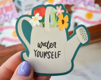 Water Yourself Sticker | Cute Mental Health Sticker for Her | Spring Laptop Sticker | Flower Sticker for Water Bottle