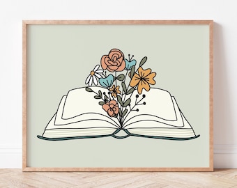 Floral Book Print | Classroom Library Decorations | Cute Floral Wall Decor for Book Lover | Gift for Teachers (FRAME NOT INCLUDED)