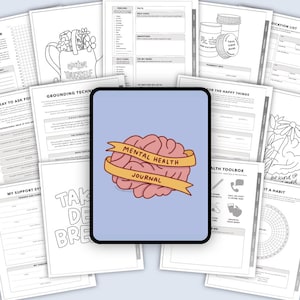 Könnte beinhalten: Ein druckbares Tagebuch für die mentale Gesundheit mit einer Illustration eines rosa Gehirns und eines gelben Bandes. Das Tagebuch enthält Arbeitsblätter, Tracker und Aktivitäten, die bei der Selbstpflege und dem mentalen Wohlbefinden helfen.
