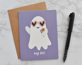 Hey Boo Greeting Card - Cute Ghost Blank Card Halloween Gifts for Her - Spooky Season Card Ideal Halloween Birthday Gift - Fall Style Card