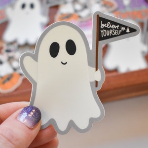 Believe In Yourself Ghost Sticker Cute Laptop Sticker for Fall and Halloween Waterproof and Weatherproof Decal Funny Halloween Gift image 1