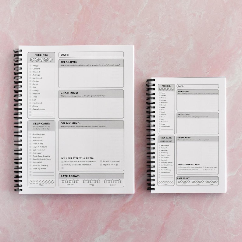 two spiral-bound notebooks with blank pages, placed on a pink textured surface.