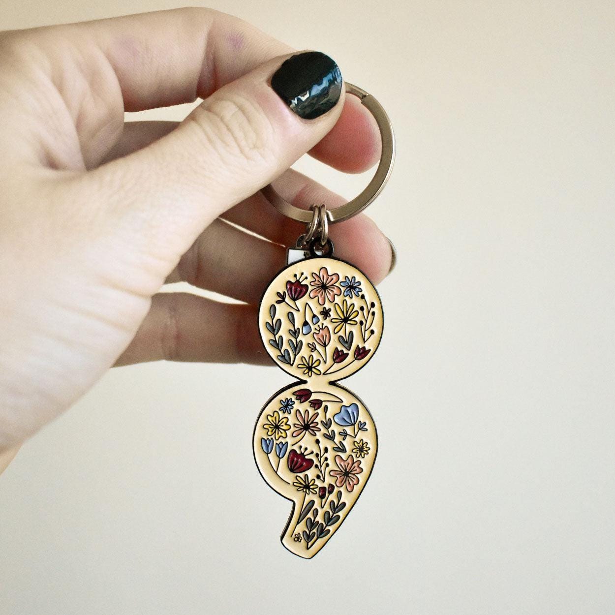 Floral Semicolon Black Metal Keychain | Mental Health Gift for Her - Etsy