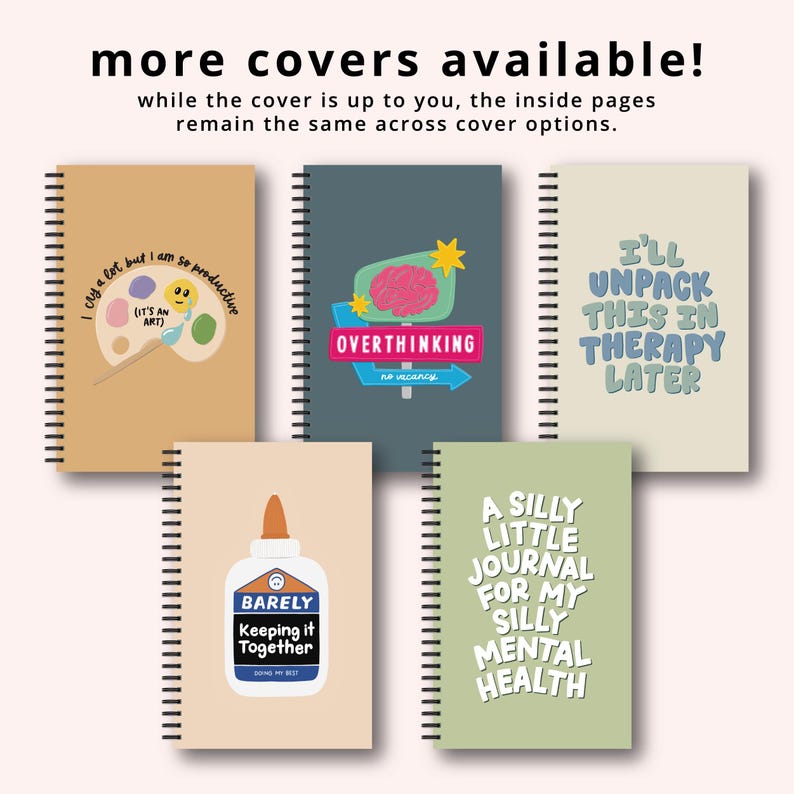a collection of five notebooks with various colorful and creative covers, each featuring different phrases and illustrations.