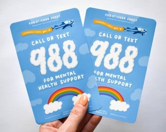 988 Hotline Sticker Sheet | Stickers for Therapists and Counselors | Waterproof Stickers for Water Bottle | Suicide Awareness Stickers