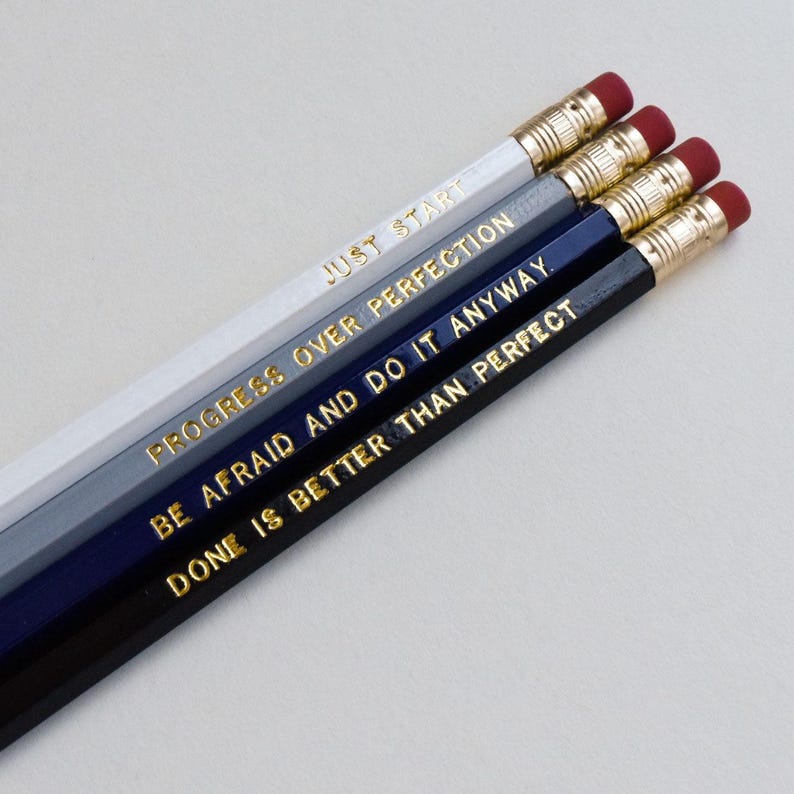 Progress Over Perfection Pencil Pack | Gold Foil Stamped Pencil Set | Cute Desk Accessories for Her | Encouragement Gift image 1