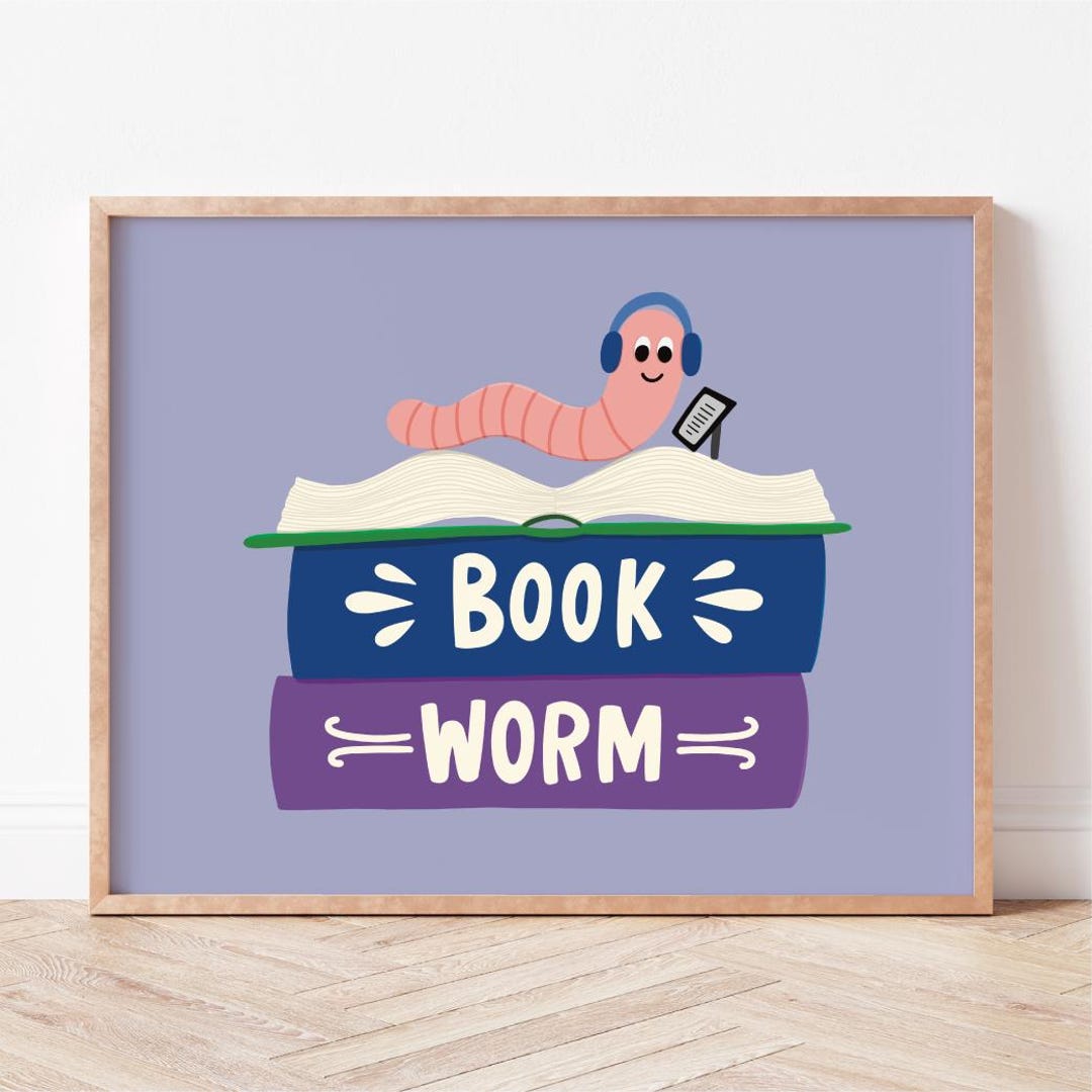 Book Worm Art Print | Cute Reading Decor for Library or Office (FRAME ...