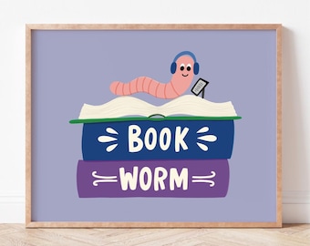 Book Worm Art Print | Cute Reading Decor for Library or Office (FRAME NOT INCLUDED)