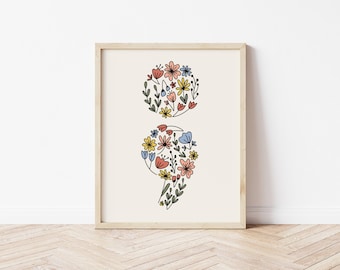 Lámina floral con punto y coma / Decoración para la concienciación sobre la salud mental (MARCO NO INCLUIDO)
