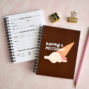 May include: Two spiral-bound notebooks, one white and one brown, with the text "About This Cry" and "Having a Meltdown!" respectively. The brown notebook features an ice cream cone graphic. A pencil, a gold binder clip, and a pencil sharpener are also visible.