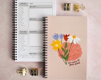 Mental Health Journal Self Care Notebook for Anxiety - Wellness and Therapy Guided Journal with Mood Tracker | Be Kind To Your Mind Planner