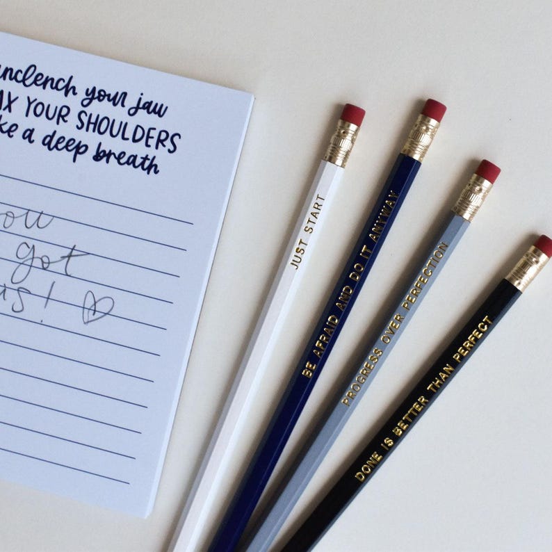 Progress Over Perfection Pencil Pack | Gold Foil Stamped Pencil Set | Cute Desk Accessories for Her | Encouragement Gift image 2