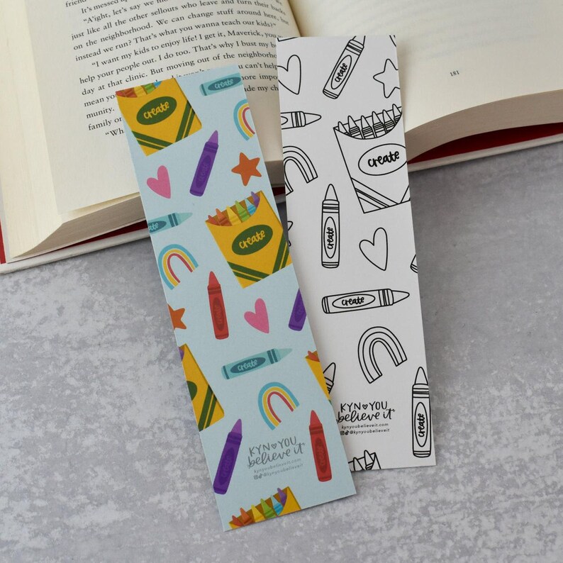 Marcapáginas para colorear con diseño de crayones / Impresión a doble cara en cartulina extra gruesa imagen 2