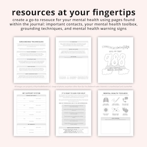 a collection of pages from a mental health journal, including sections for grounding techniques, mental health toolbox, and mental health warning signs.