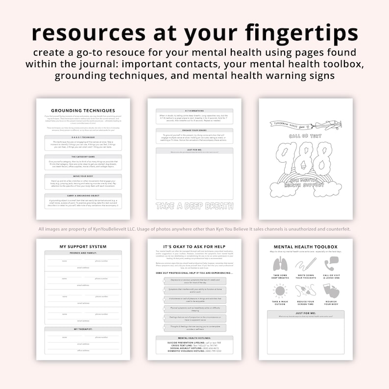 a collection of pages from a mental health journal, including sections for grounding techniques, mental health toolbox, and mental health warning signs.